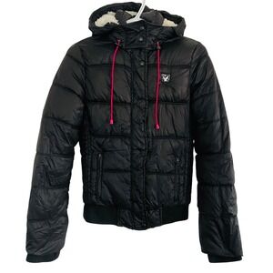 Vtg Y2K American Eagle Black Puffer Bomber Jacket Pink Accents Bella Swan Medium